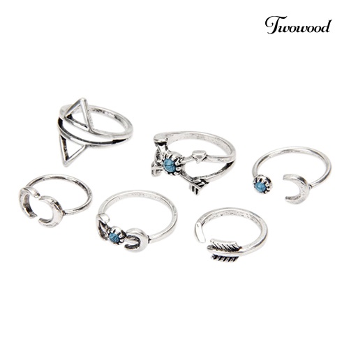 Twowood 6Pcs Cincin Buku Jari Aneka Bentuk Warna Silver Untuk Wanita