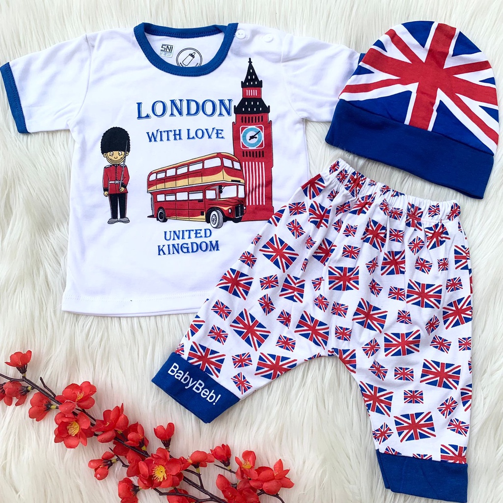 Baju setelan kaos celana topi bayi london casual lucu bestseller fashion anak bayi cowok laki murah