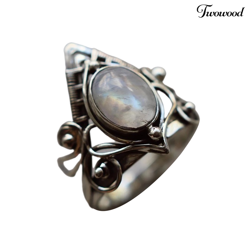 Cincin Model Hollow Aksen Batu Bulan Warna Silver Gaya Punk Untuk Wanita