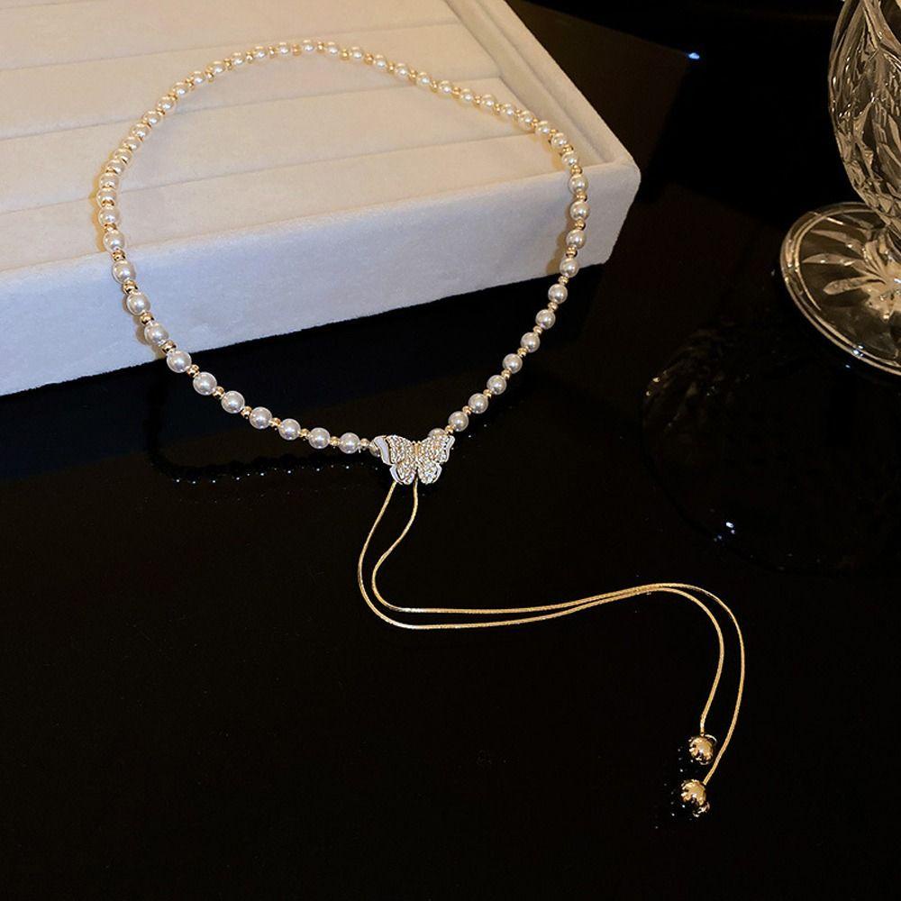 Mxbeauty Wanita Kalung Elegan Indah Halus Mutiara Gadis Hadiah Kupu-Kupu Niche Desain Adjustable Perempuan Klavikula Rantai