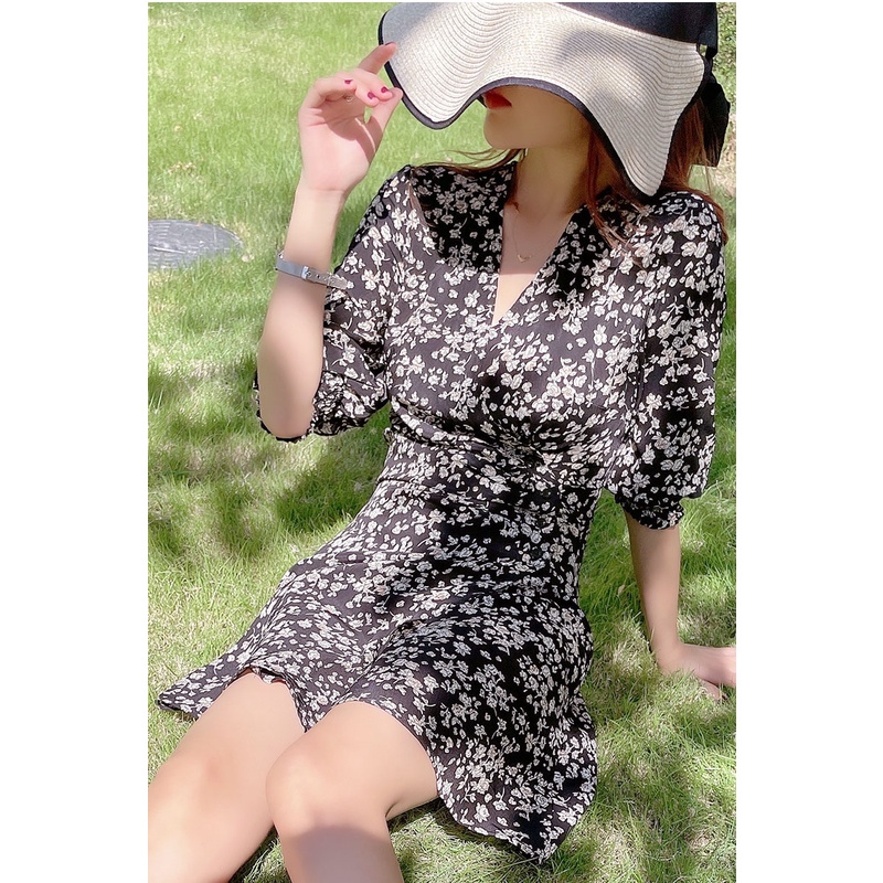 【Blossom】Waist Ruffle  V Neck Fit  Mini Floral Dress 7158