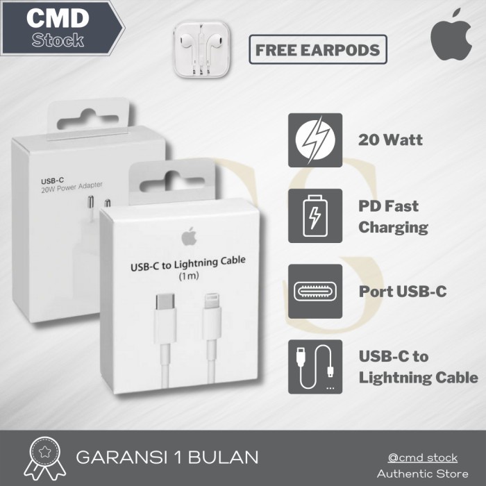 Charger iPhone Original 100% Fast Charging 20W Adaptor USB-C + Kabel - 20W + Kabel 1M