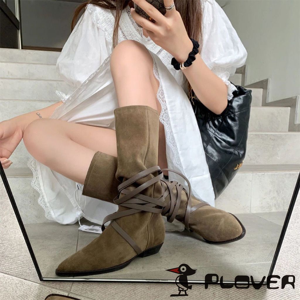 Suhao Pelatuk Western Cowboy Boots Wanita 2022 Musim Panas dan Musim Gugur Sepatu Bot Panjang Tebal Tumit Menunjuk Toe Tipis Cavalier renda Sepatu Bot