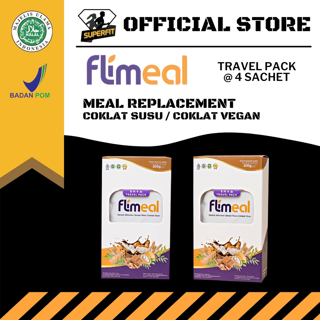 

Flimeal Meal Replacement 4 Sachet Travel Pack by Flimty Coklat Susu Vegan Sereal Pengganti Makan Tinggi Nutrisi Protein Rendah Kalori Minuman Diet Sehat