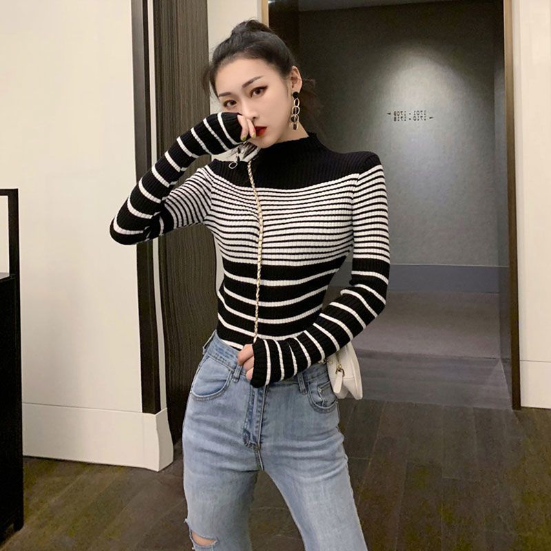 Musim Gugur Retro Bergaris Warna Kontras Kerah Tinggi Pullover All-Match Lengan Panjang Sweter Rajutan Wanita Slim Slim bottoming Kemeja Trendi