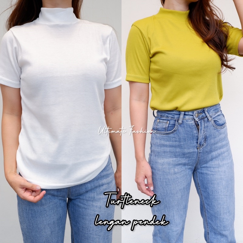 Turtleneck Inner Wanita Leher Tinggi - Rib Premium Lengan Pendek - Kaos Wanita - Atasan Korea Rakku