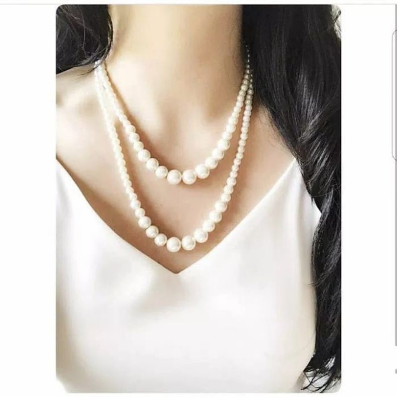 Kalung Fashion Mutiara Pearl model susun 2 tidak karatan Kalung pearl Mutiara Premium Quality Tidak Berkarat 06