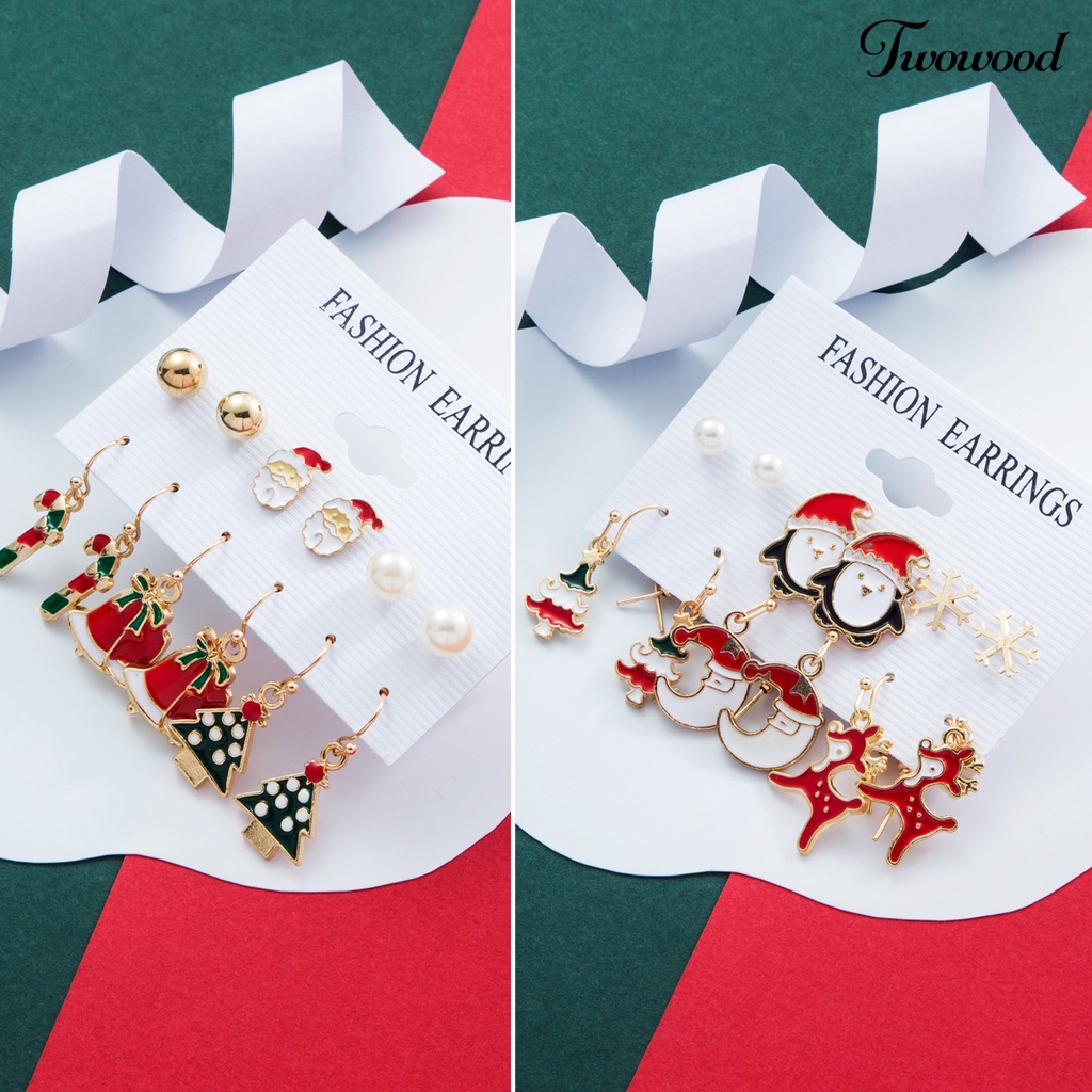 6 Pasang / Set Anting Stud Desain Geometrik Pohon Natal Rusa Snowman Santa Claus Bahan Enamel Untuk Hadiah