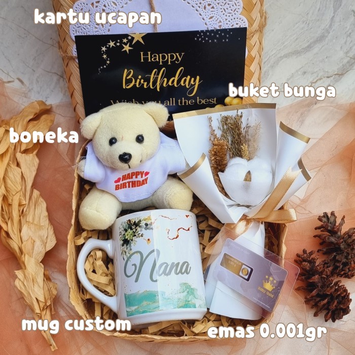 

(COD) Hampers Emas Mini / Kado Cewek Hadiah Ulang Tahun - emas+bunga