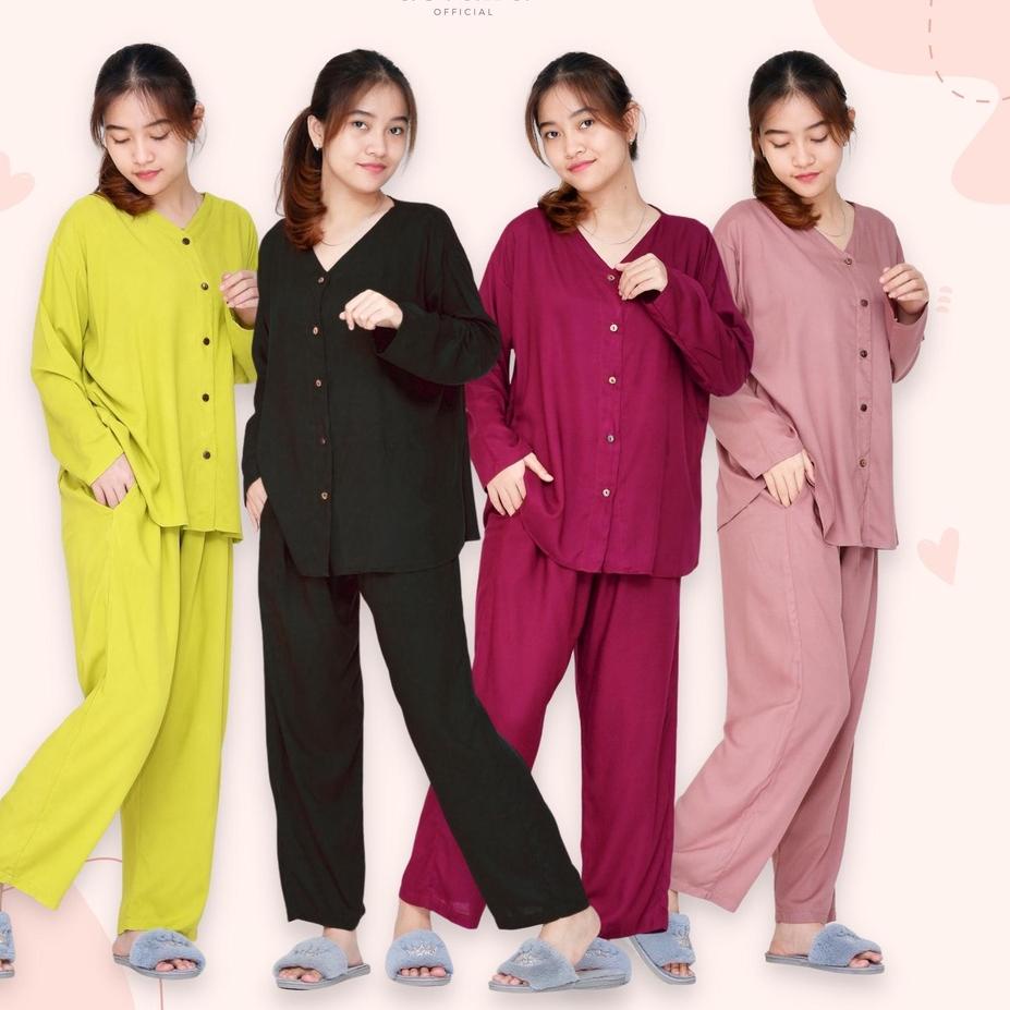 Termurah Haruna Set Piyama Rayon Polos Lengan Panjang Babydoll One Set Wanita Busui Kekinian