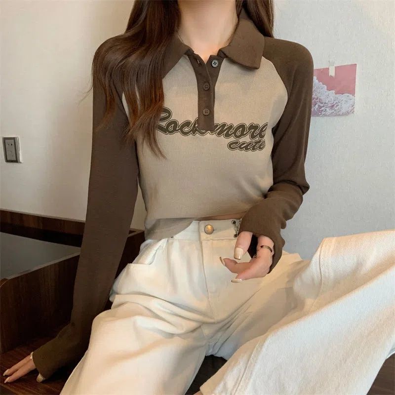 Korean Long Sleeve Collar Neck Crop Tee Kaos Katun Wanita Lengan Panjang