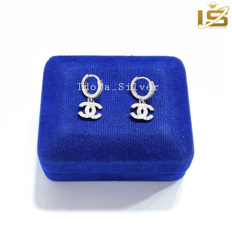 ANTING PERAK ASLI SILVER 925 LAPIS EMAS MODEL JEPIT GANTUNGAN CHANEL - PERHIASAN PERAK WANITA