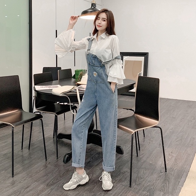 Overall Jeans Wanita / Celana Kodok Jeans Wanita /Jumpsuit Jeans Wanita/Krisan Bordir Overall Jeans (realpict)
