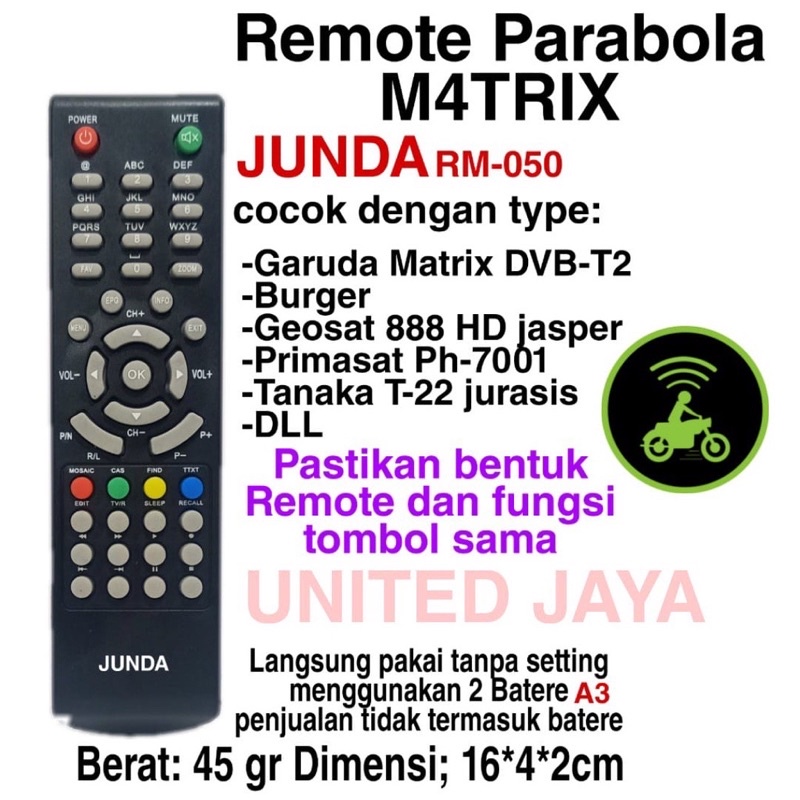 REMOTE RECEIVER PARABOLA MATRIX BURGER GEOSAT PRIMASAT TANAKA T-22 JURASIS JUNDA RM-050