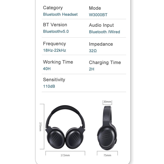 JZGSHARK Gaming Wireless Headphone Bluetooth 5.0 with Mic - W3000BT - Black