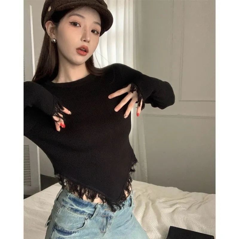 Red Musim gugur murni bernafsu rumbai sweater rajutan tidak teratur atas desain wanita rasa budidaya diri manis dan keren lengan panjang pendek pasang surut