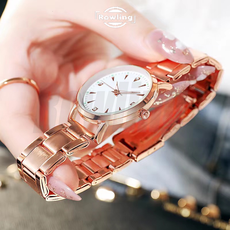 Rowling ( Jam-76) Jam Tangan Quartz Luminous Strap Stainless Steel Warna Silver Casual Fashion Untuk Wanita Import