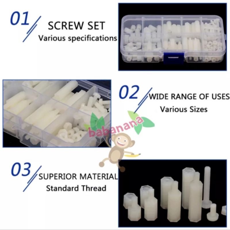 120pcs White Nylon M2 Hex Screw Standoff Spacer set baut mur kit