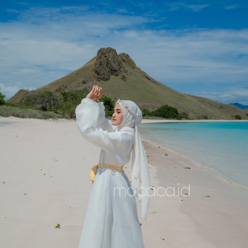 Gaun Tunangan wedding prewed nikahan seserahan premium organza cantik banget elegan tidak panas realpic bisa costum size putih broken white cantik