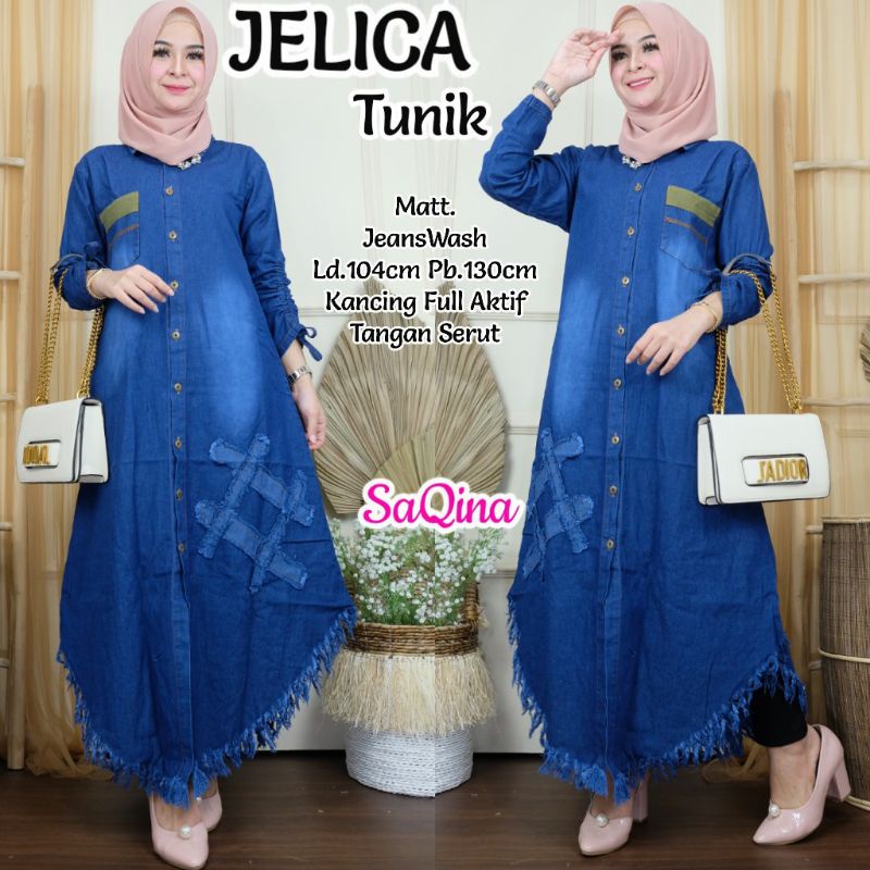 Jelica tunik-pakaian wanita tunik bahan jeanswash