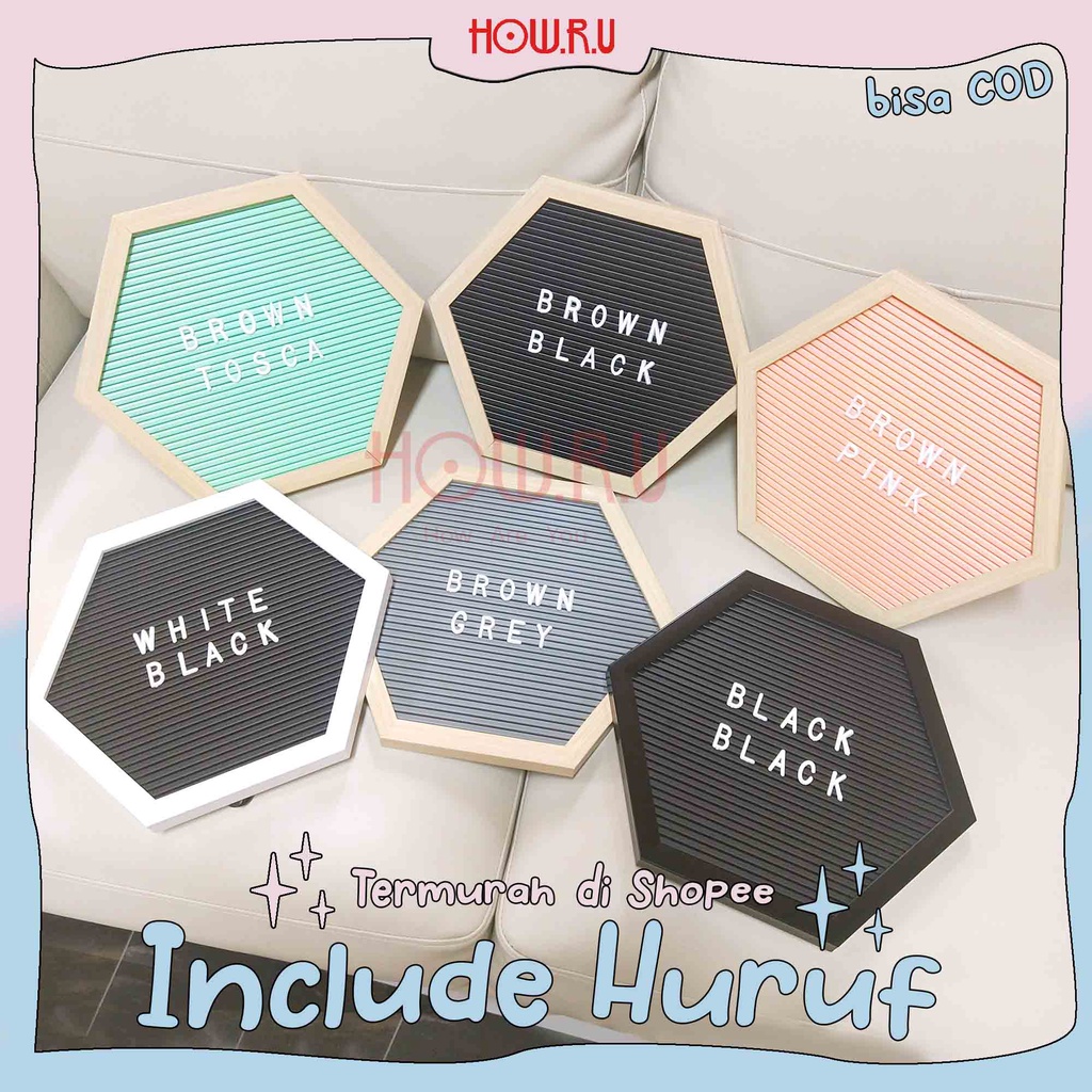 HOW.R.U | Hexa Letter Board Sudah Include Huruf / Papan Nama Bayi / Papan Menu / Dekorasi Rumah Viral 28x30 cm