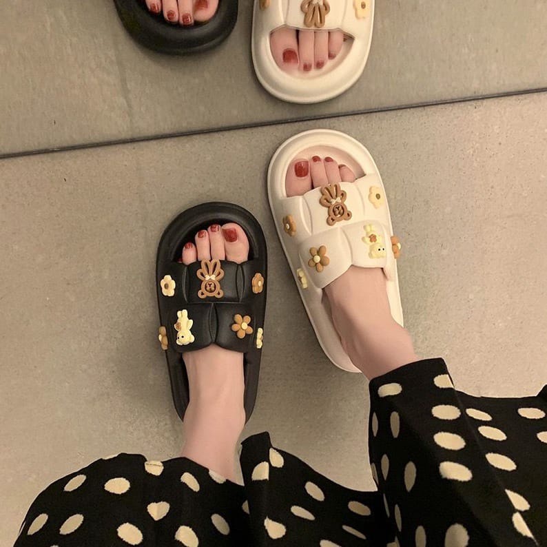 Tmall88 Sandal Slop Jelly Wanita Motif Teddy Bear Cantik / Sendal Soft Slipper Anti Slip Elastic