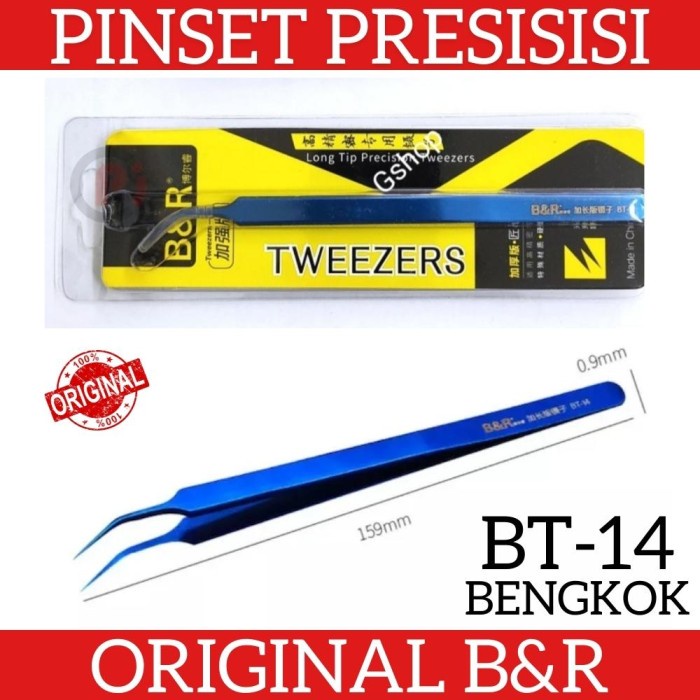 Original B&amp;R BT-14 Pinset Bengkok Presisi Tweezer Long Tip For SMD