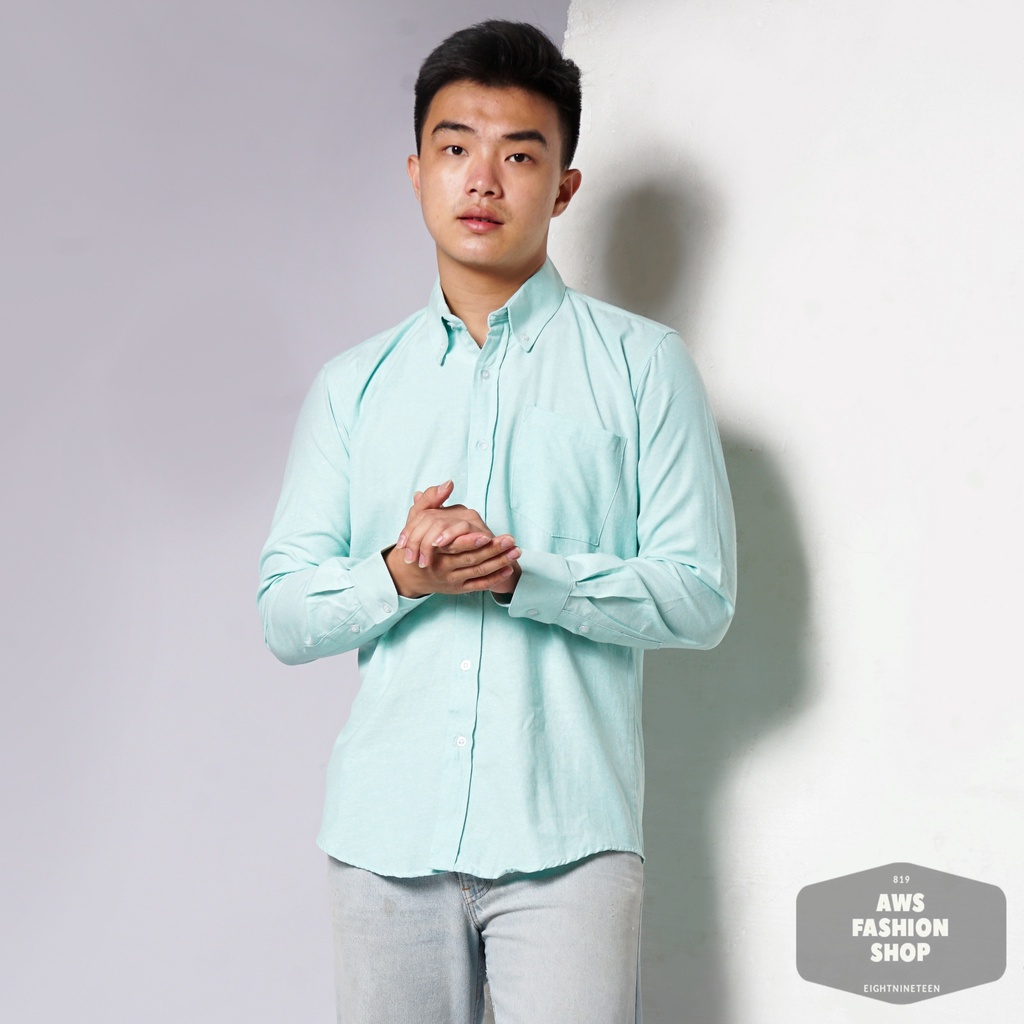 819 Kemeja Pria Lengan Panjang Polos Baby Green Soft Hijau Oxford Basic SIMPLE Slimfit Casual Tersedia Ready Sampai Size JUMBO BIG SIZE XXL XXXL