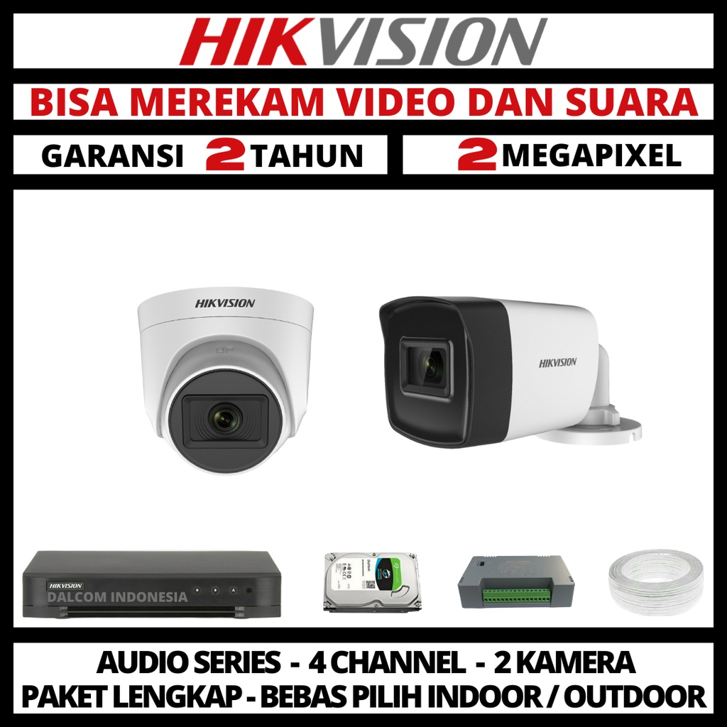 PAKET CCTV HIKVISION 2MP 4 CHANNEL 2 CAMERA TURBO HD 1080P KAMERA CCTV &amp; DVR FULL HIKVISION