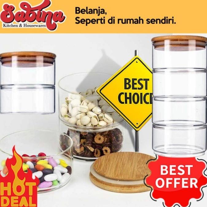 Toples Kaca Susun Tutup Bambu Penyimpanan Makanan