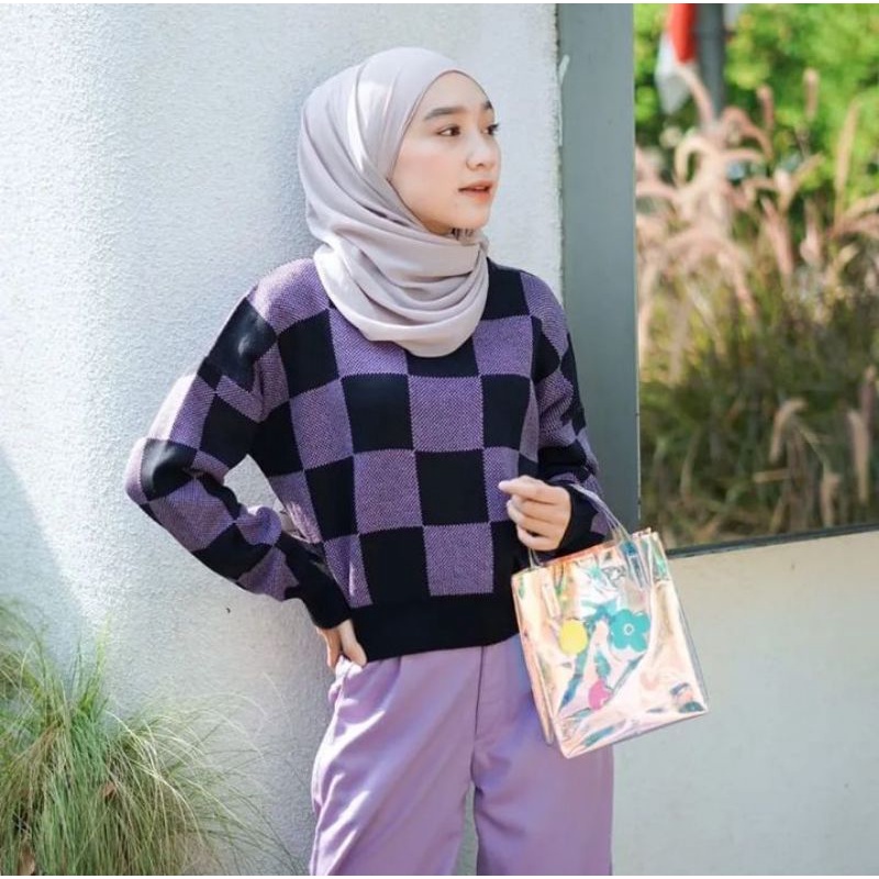 JENNIE SWEATER MOTIF KOTAK/ATASAN WANITA CROP TOP