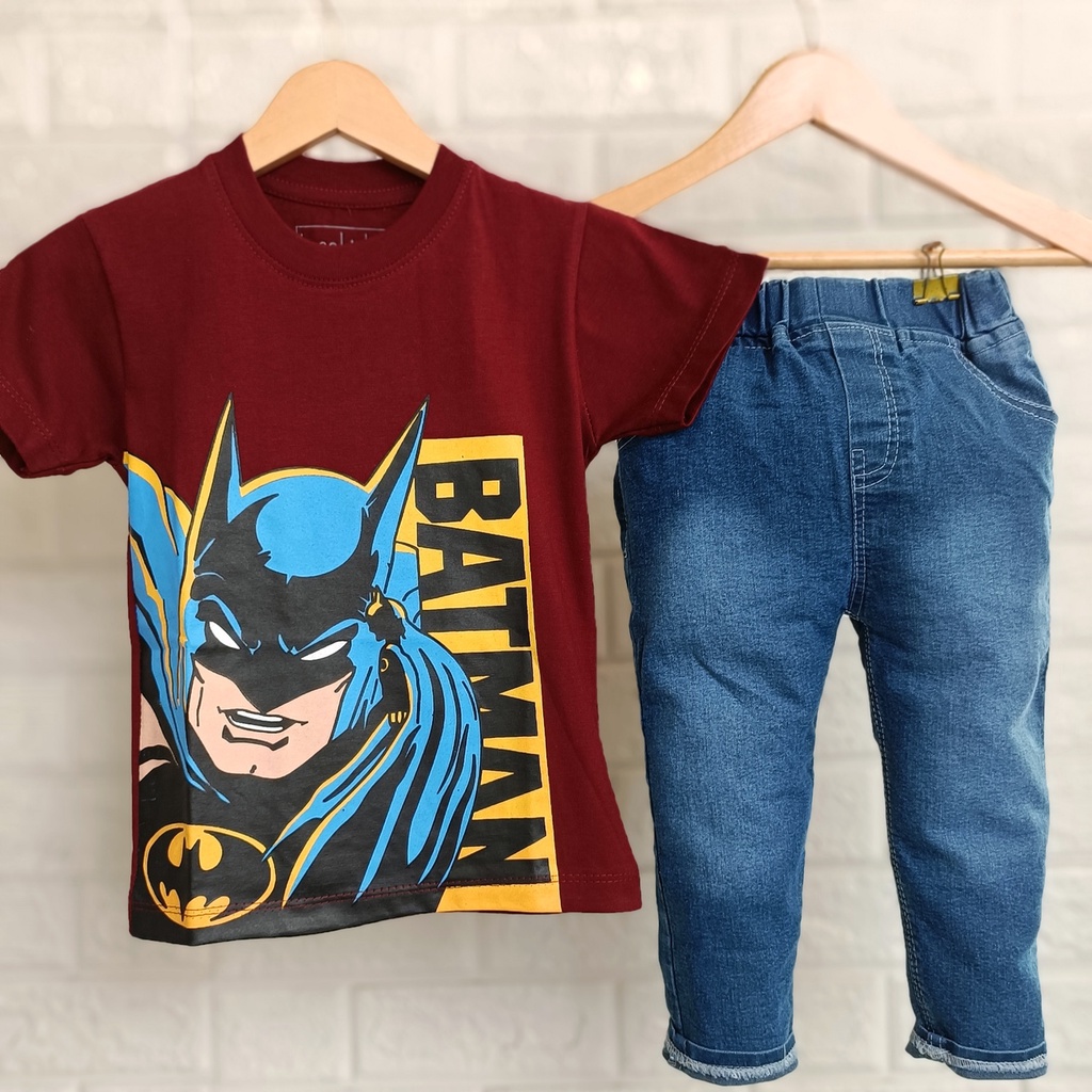 Setelan Anak Laki Laki 1 Tahun 2 tahun Celana Panjang Jeans Stretch Baju anak Superhero 3 tahun paka