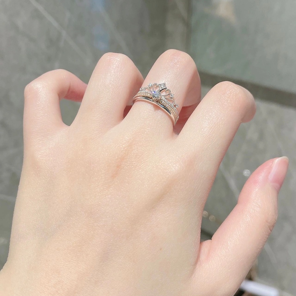 2in1 Cincin Model Terbuka Bahan Sterling Silver 925 Desain Mahkota + Cubic Zirconia Adjustable Untuk Wanita