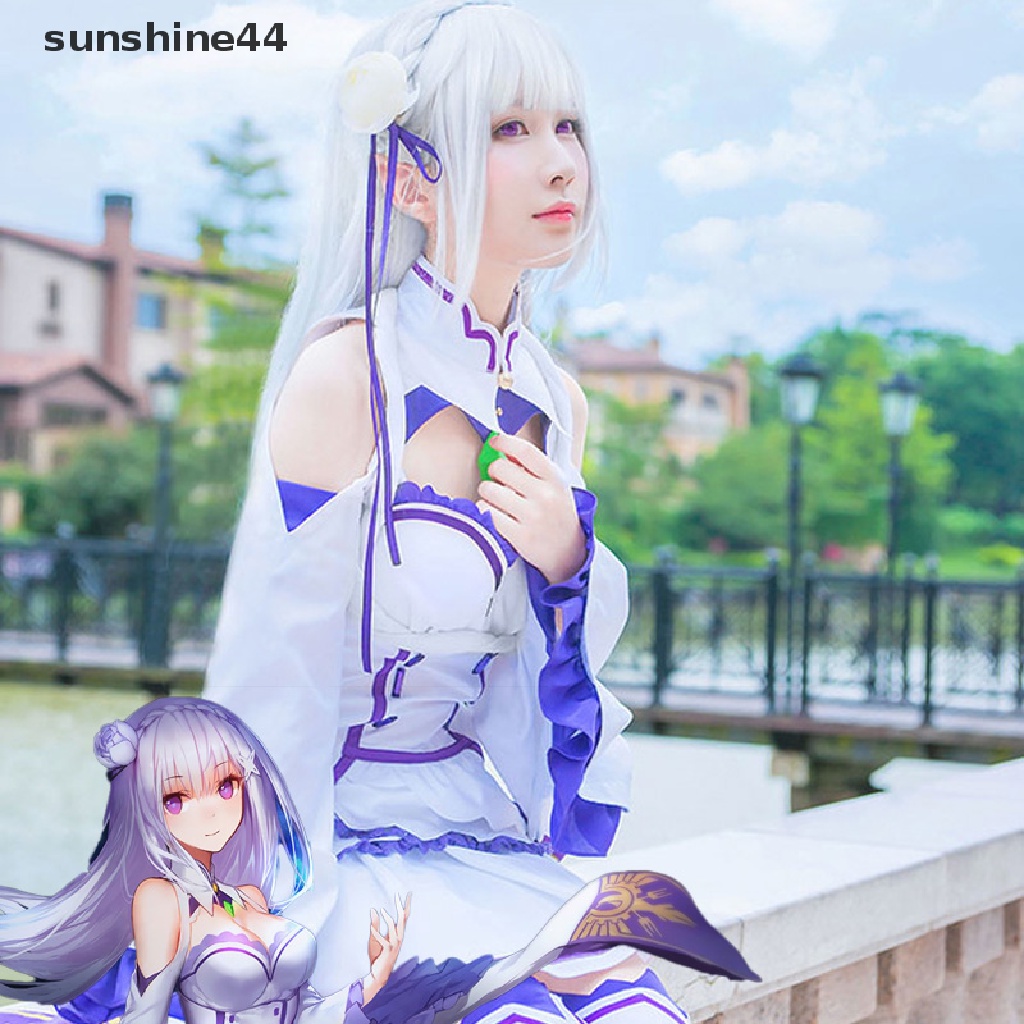 Sunshine Wig / Rambut Palsu Panjang + Lurus Model Karakter Kartun Anime Emilia Warna Putih Untuk Cosplay