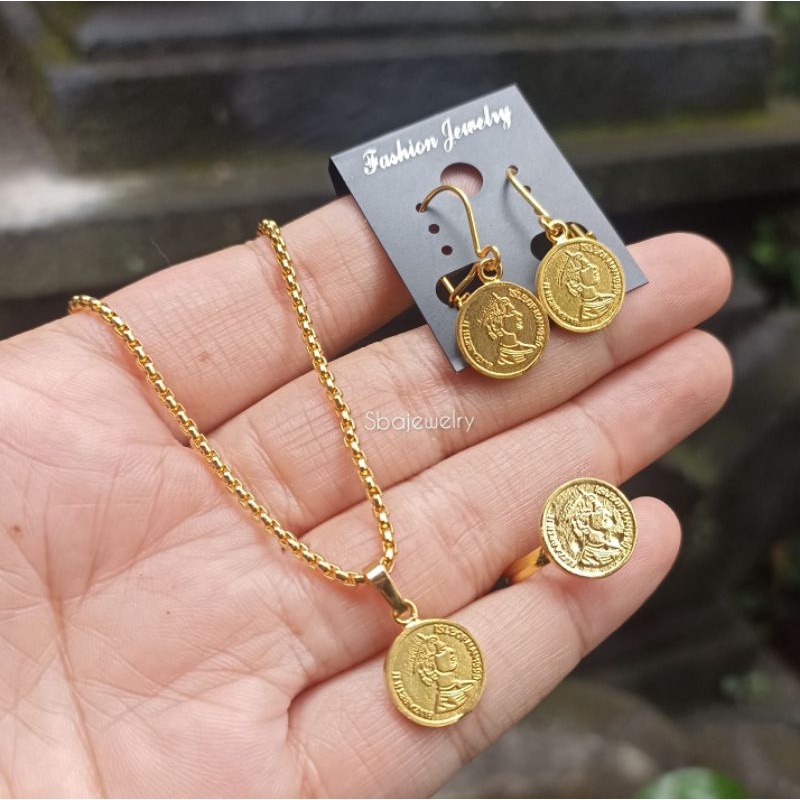 set perhiasan bali model koin kuningan lapis emas