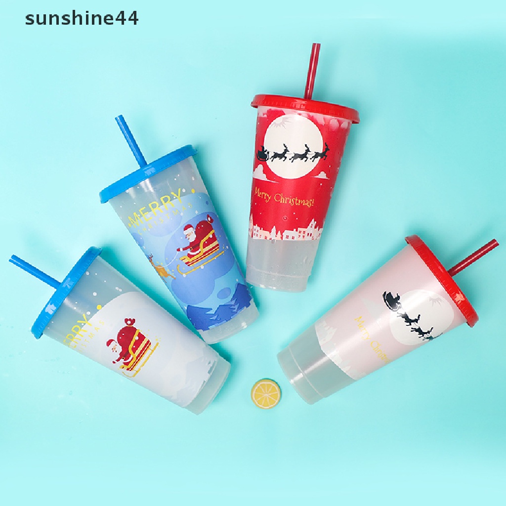 Sunshine Gelas Minum Plastik Motif Natal Dengan Sedotan Dapat Berubah Warna