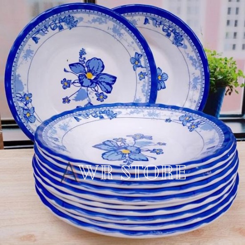 1 Lusin Piring Melamin Motif Bunga Biru Keluaran Terbaru