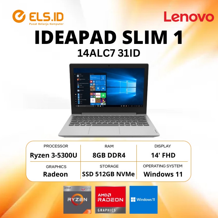Laptop Lenovo IdeaPad Slim 1-14ALC7 31ID Ryzen 3-5300U 8GB SSD 512GB 14' W11+OHS