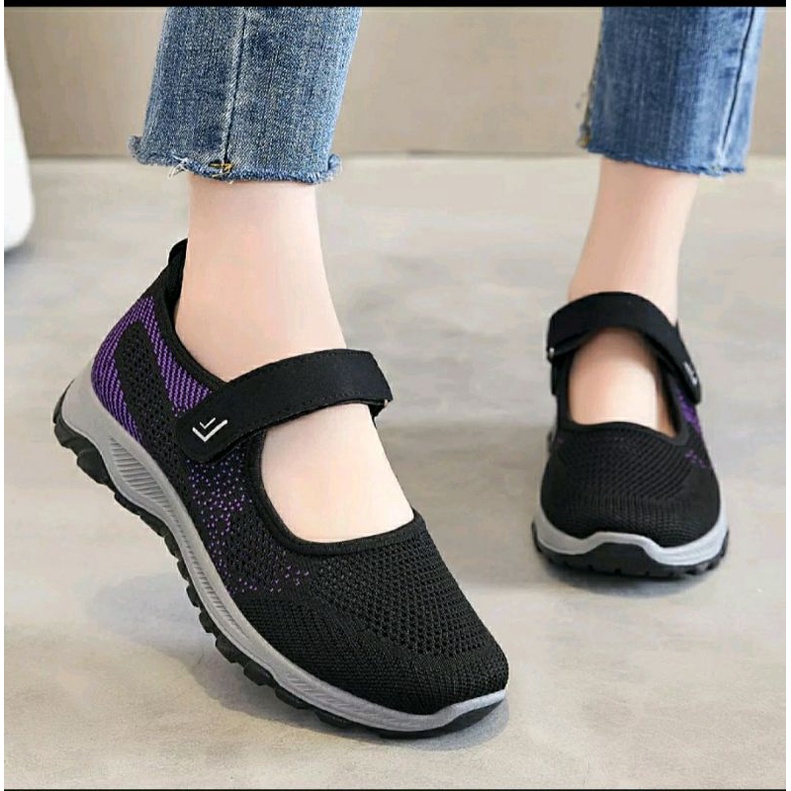 sepatu wanita import cross strap tali velcro flat shoes sol abu good quality + packing pake Box