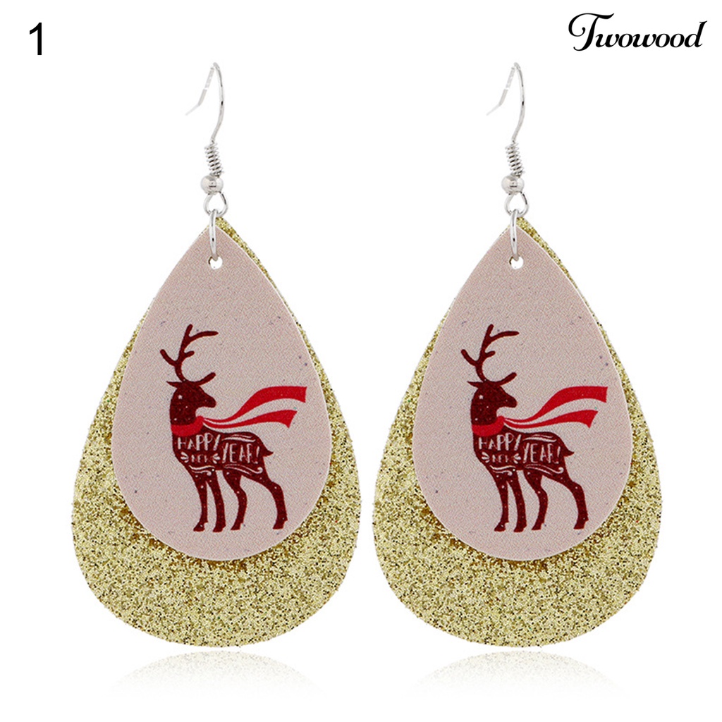 Anting Kait Desain Santa Claus Snowman Elk Bahan Kulit Imitasi Untuk Wanita