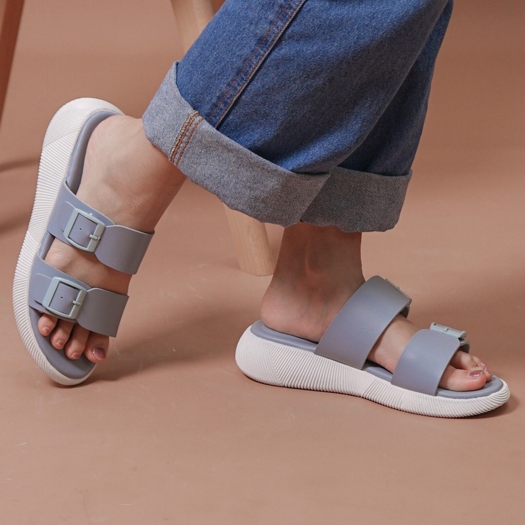 SARASARA YUK - Sandal Wanita Slop Casual Model Birken Sol Puyuh SARA SARA JEAN Sendal Selop Cewek Kulit Santai Strap Gesper Ban dua Empuk lucu Size 36 37 38 39 40 Warna Blue Biru Soft Anti Slip Original Kekinian Terbaru Shoes ORI Mall Official Store