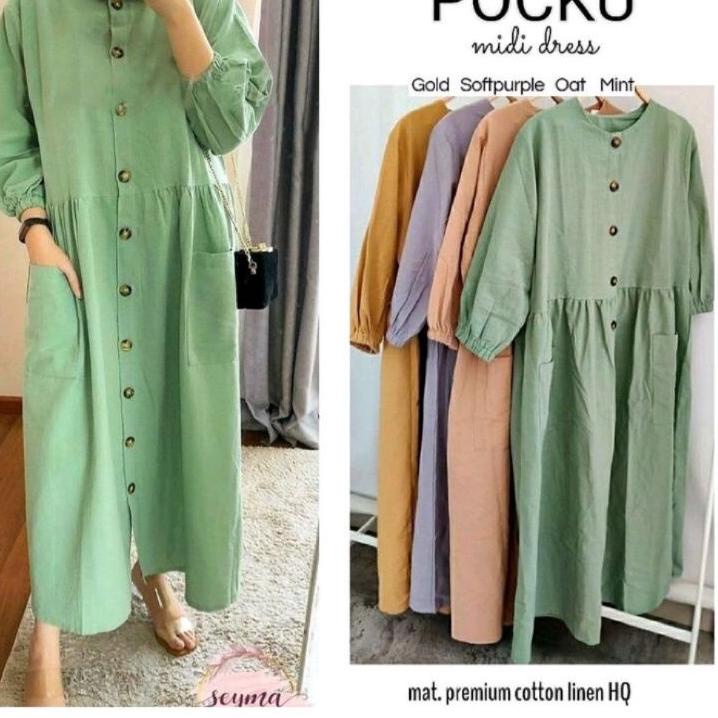 PRODUK TREND Midi Dress Katun Linen Rami Premium Pocku Midi Dress Katun Linen Rami ༄ 866