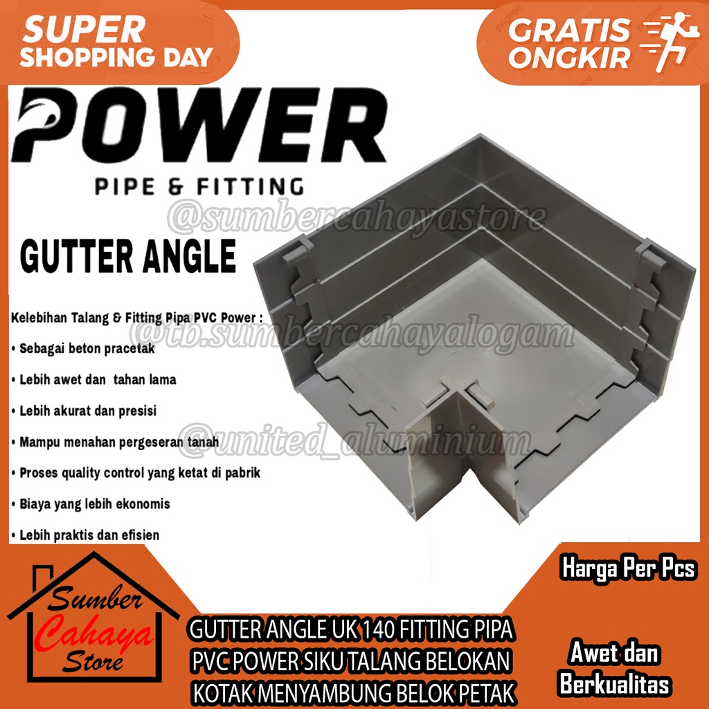 GUTTER ANGLE UK 140MM FITTING PIPA PVC POWER SIKU TALANG BELOKAN KOTAK MENYAMBUNG BELOK PETAK PLASTI