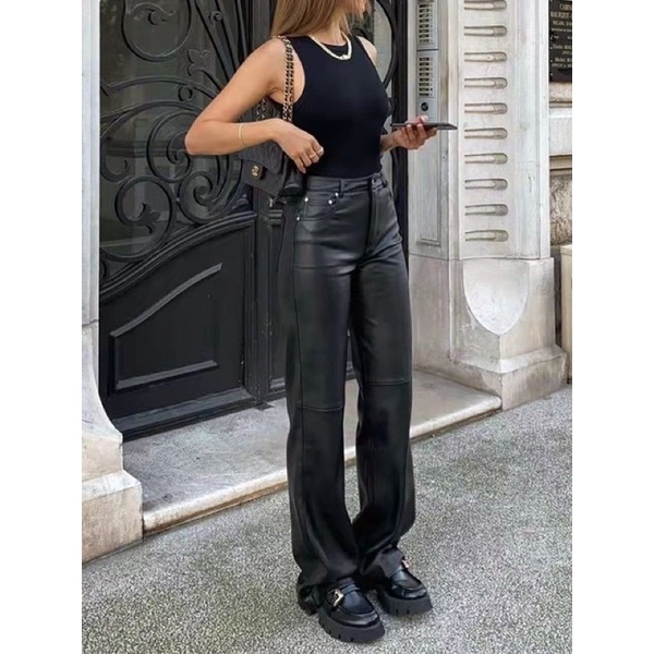 Leather Pants cullote high waist celana kulit PU wanita hitam