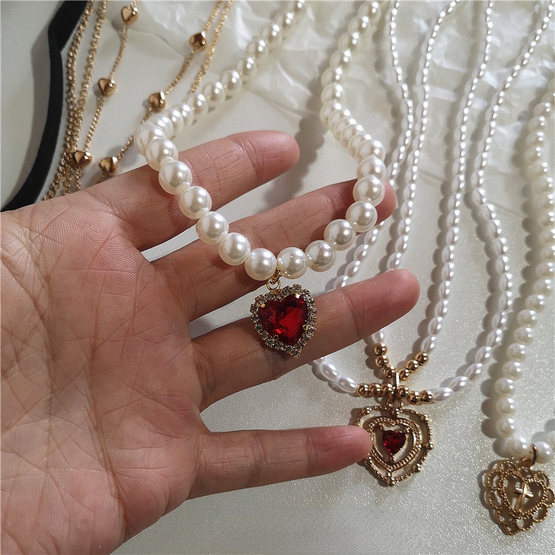 Kalung Rantai Choker Liontin Hati Hias Mutiara Zircon Gaya Vintage Untuk Wanita