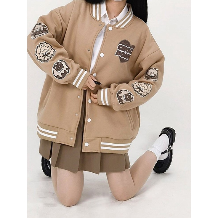 Jacket Varsity CHOCO DONUT BASEBALL Sweater Wanita Oversize Look Daily Kasual Korean Style