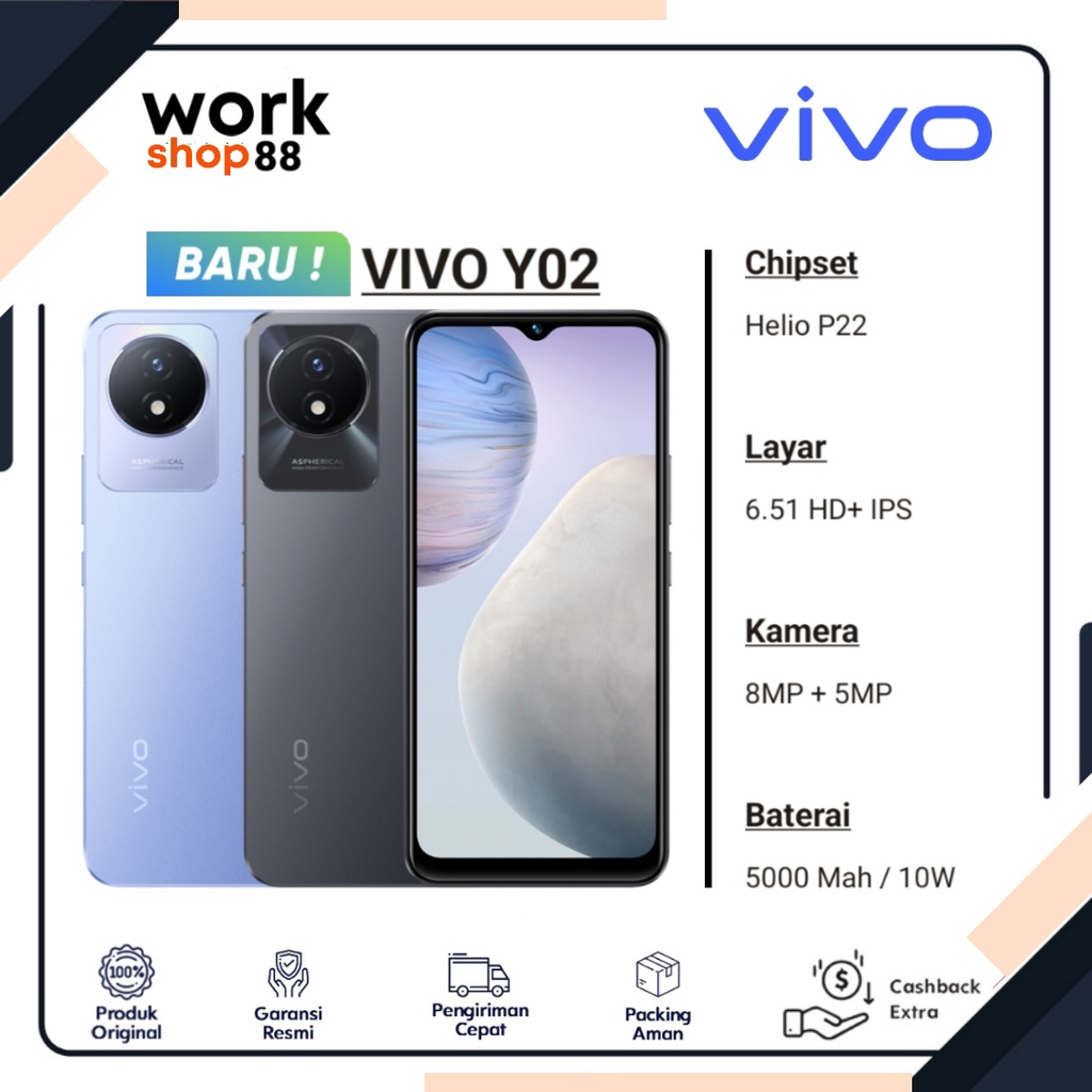 Produk Baru - HP Vivo Y02 - Ram 3GB + Rom 32GB - New Original - Garansi Resmi Nasional - Warna terba