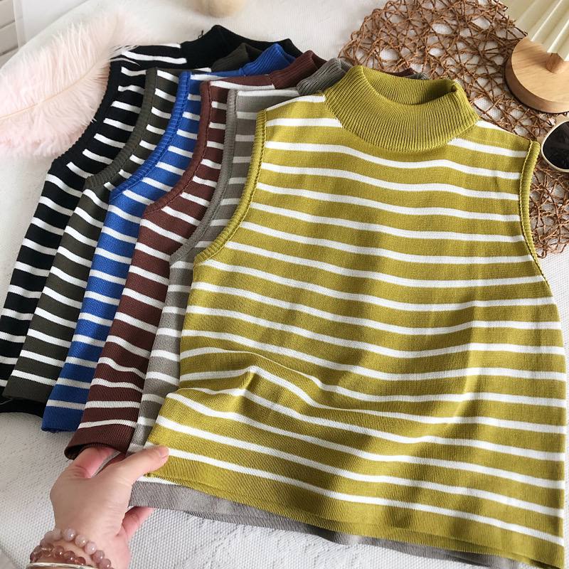 Atasan Rajut Wanita Turtleneck - Crop Top Salur Kerah Tinggi Lengan Pendek - Kaos Turtleneck Knit Korea Style