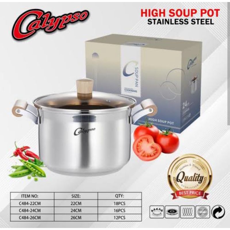 panci sup soup Tebal  + tutup kaca stainless calypso 26cm / panci high soup pot calypso tutup kaca 22cm 24cm 26cm / panci stock pot soup pot gagang kayu