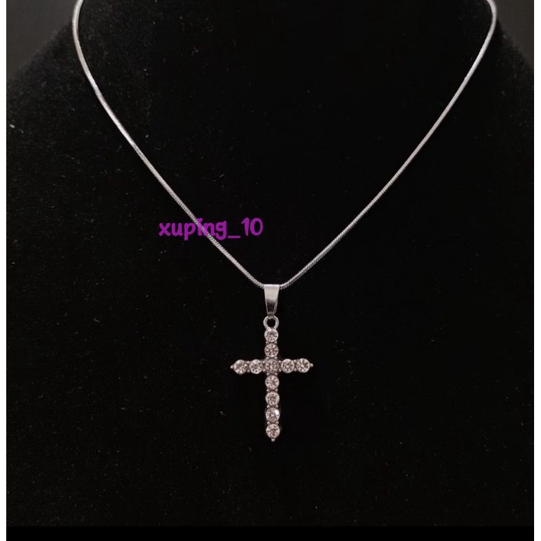 KALUNG TITANIUM SALIB PERMATA BERLIAN SILVER SIRKON BERKILAU